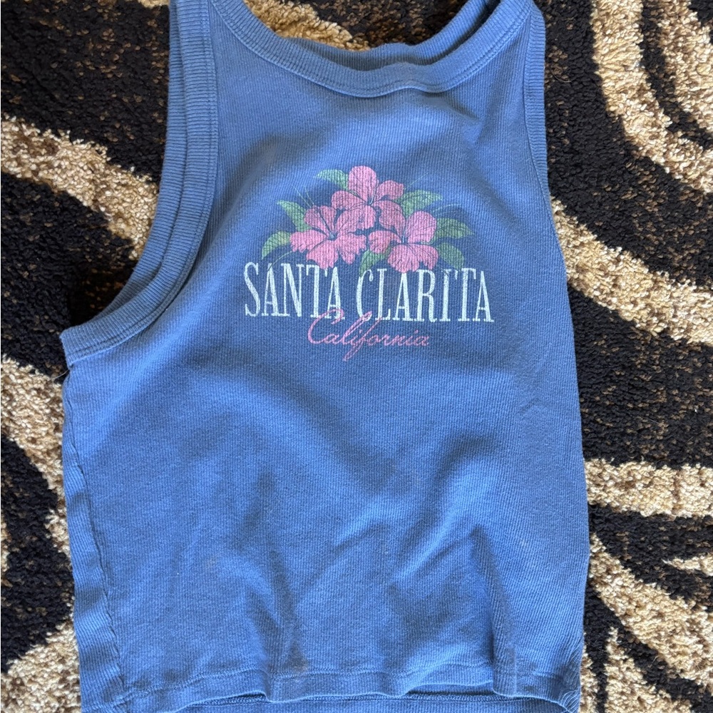Hollister Blue Tank Top with Pink Floral Design